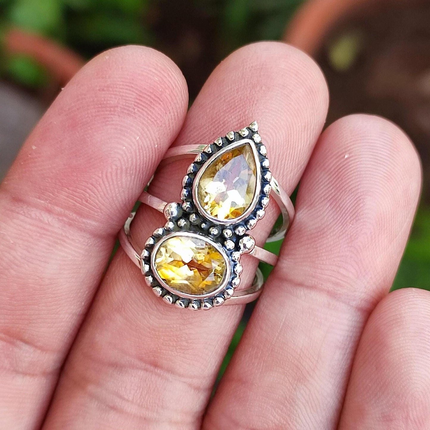 Citrine Ring, 925 Sterling Silver Statement Promise Ring, Natural Citrine Dual Gemstone Handmade Jewelry, November Birthstone, Gift for her