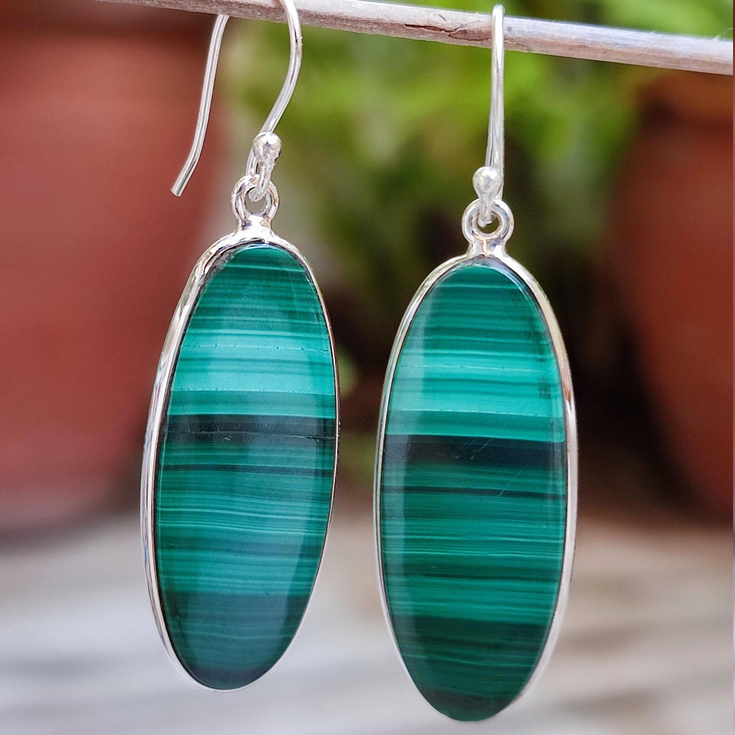 Malachite Earrings 925 Sterling Silver Dangle Drop Earrings, Natural Green Malachite Oval Handmade Gemstone Jewelry, Elegant Gift for Her