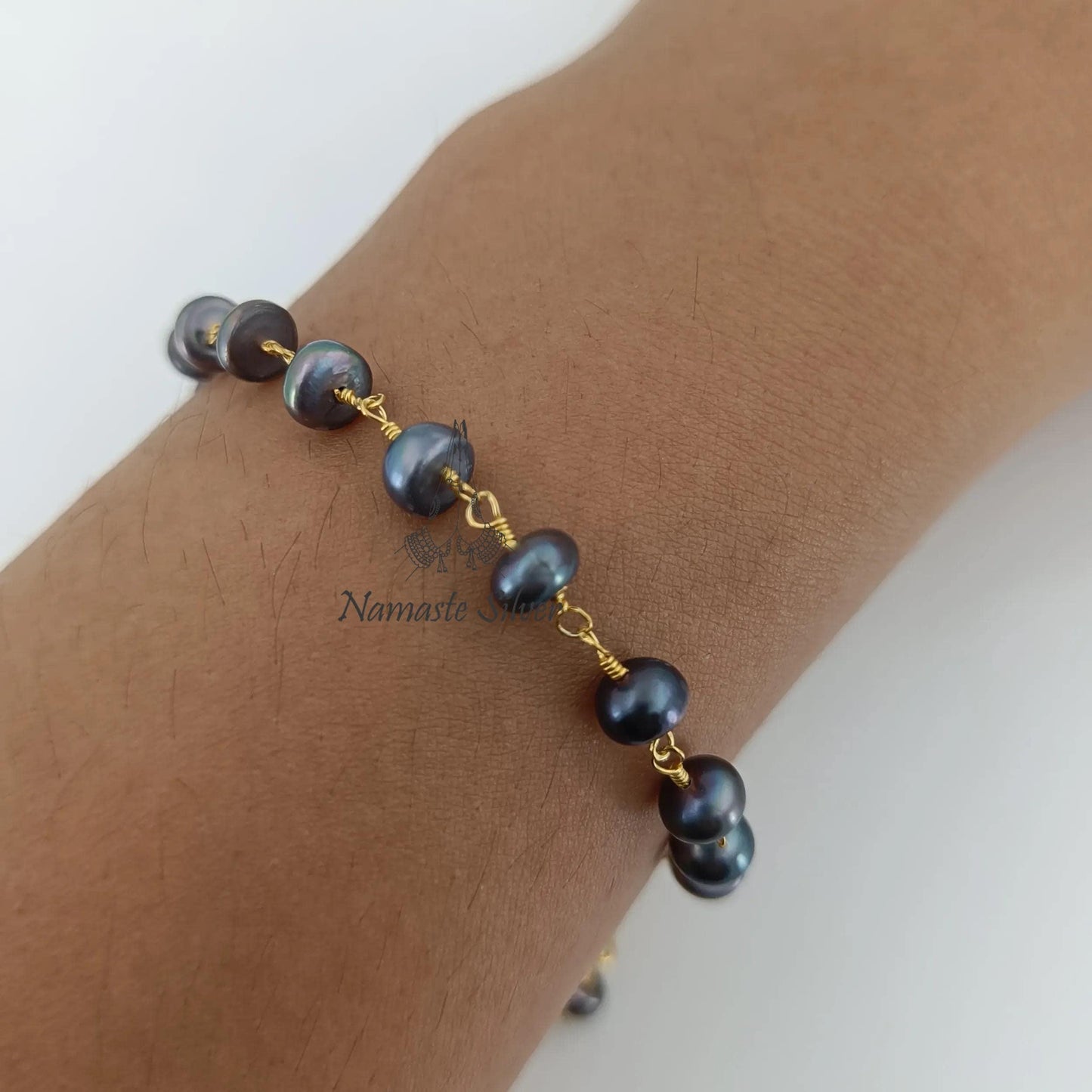 Black Pearl Bracelet, Gold Plated Sterling Silver Beaded Bracelet, Freshwater Black Pearl Handmade Jewelry, Gift for Her, June Birthstone