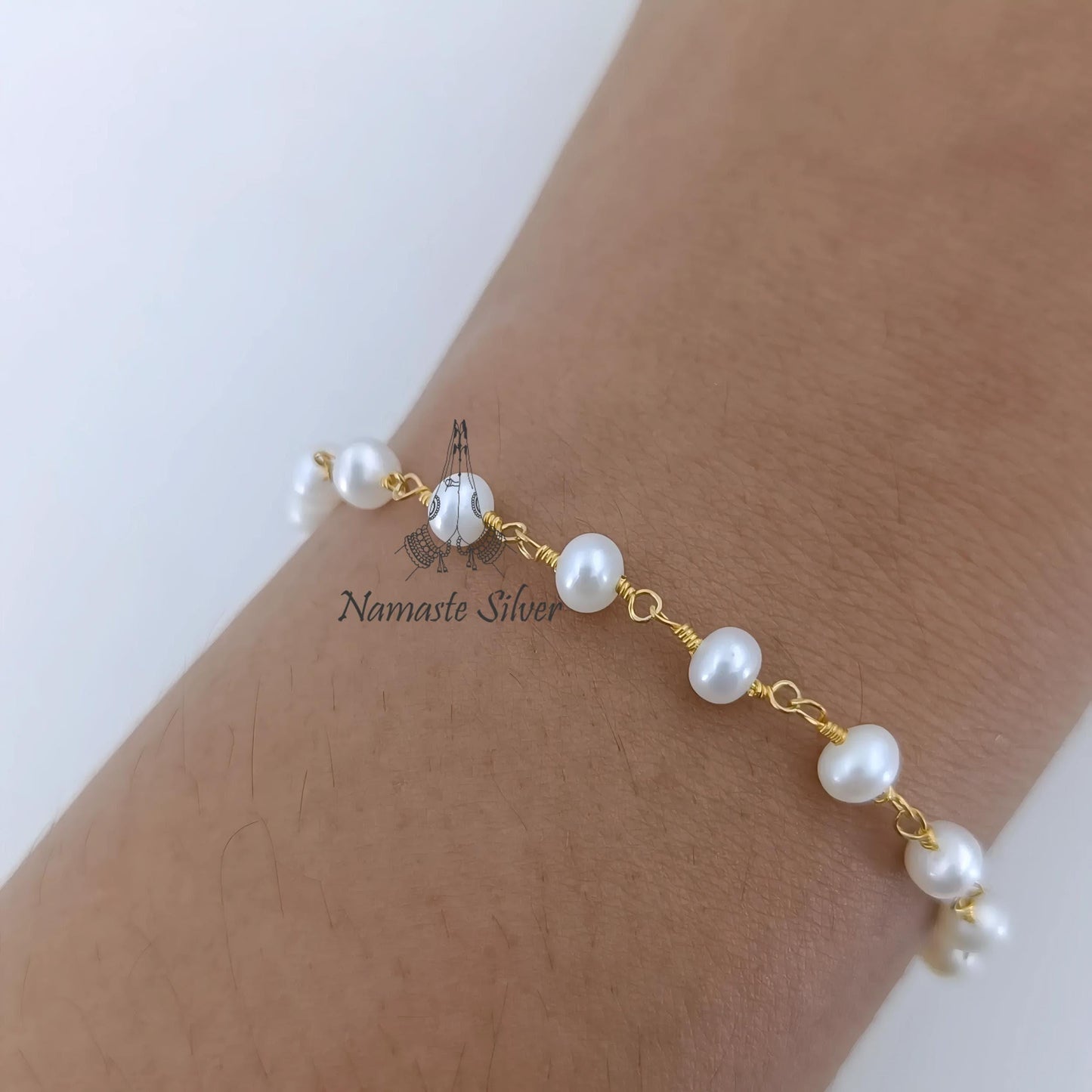 Pearl Bracelet, Gold Plated 925 Sterling Silver Beaded Bracelet, Freshwater Pearl Handmade Jewelry, Unique Gift for Her, June Birthstone
