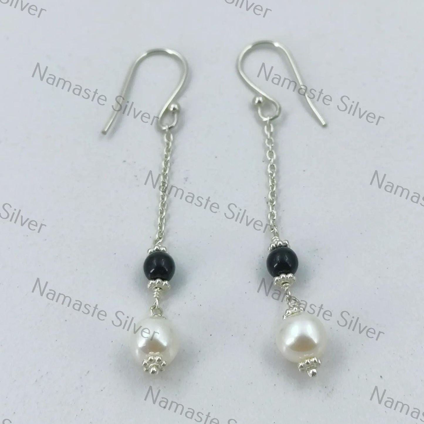 Pearl, Black Onyx Earrings, 925 Sterling Silver Dangle Earrings, Freshwater Pearl Black Onyx Round Beads Handmade Jewelry, Cute Gift for her