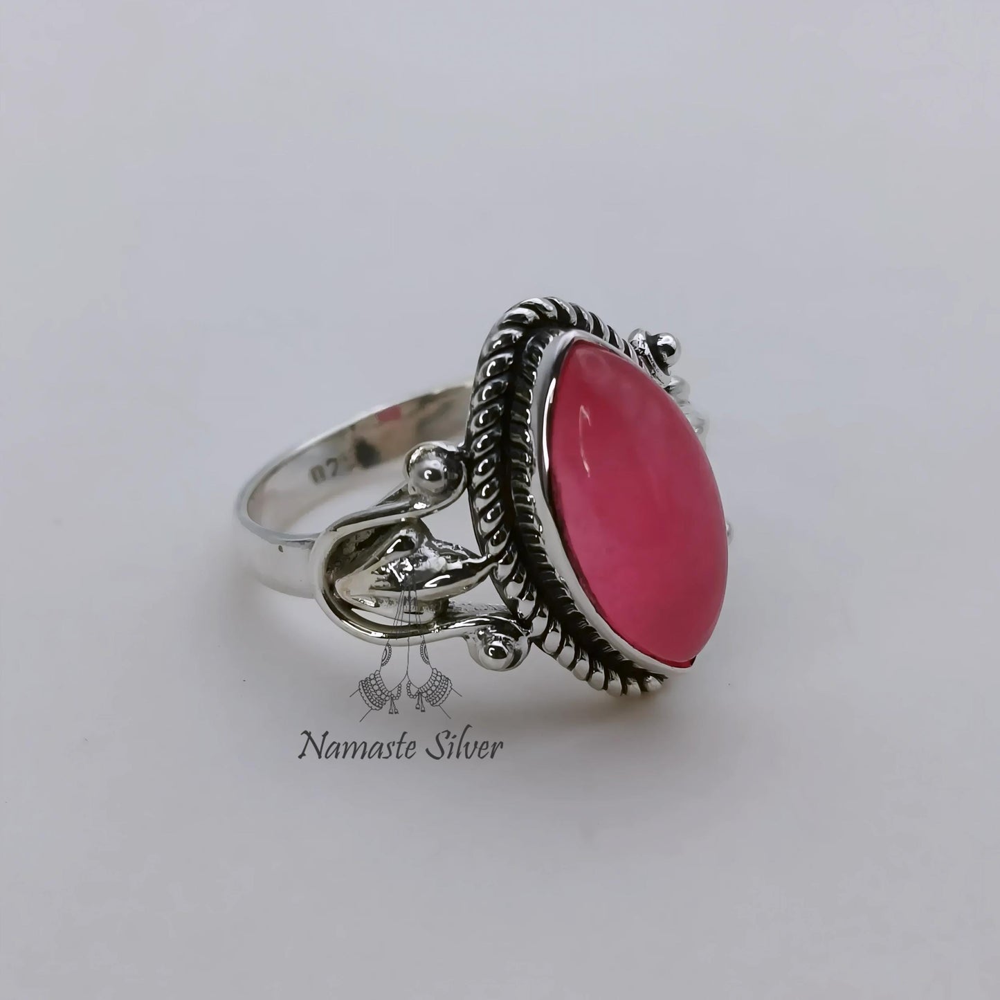 Pink Jade Ring, 925 Sterling Silver Statement Promise Ring, Natural Pink Jade Marquise Gemstone Handmade Boho Jewelry, Unique Gift for her