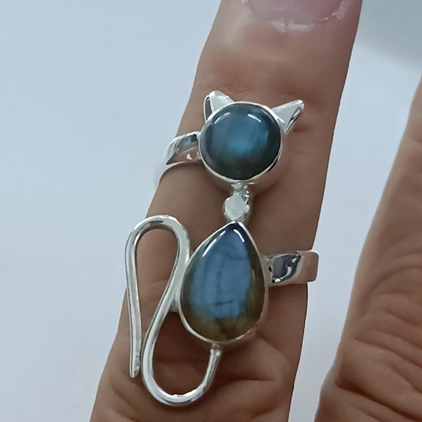 Labradorite Ring, 925 Sterling Silver Statement Promise Ring, Natural Labradorite Dual Gemstone Handmade Cat Jewelry, Gift for Car Lovers