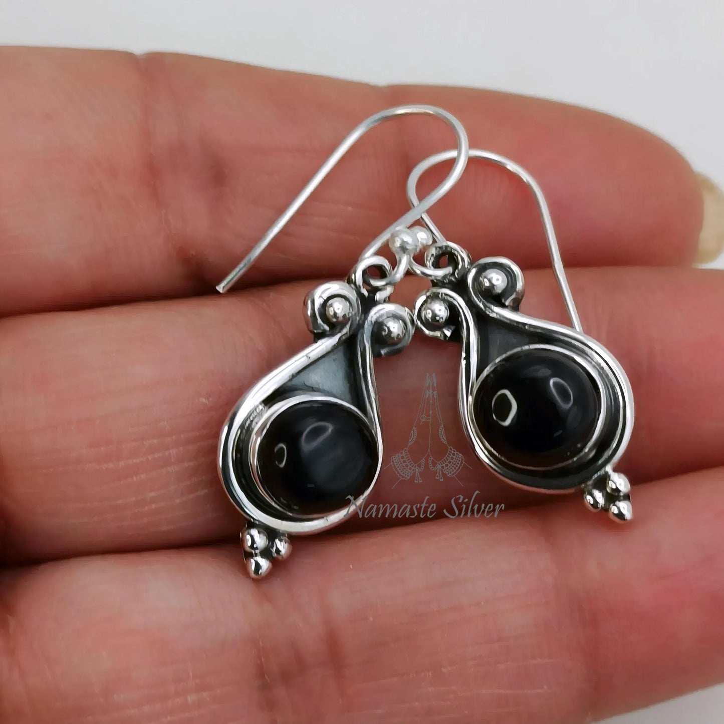 Black Onyx Earrings, 925 Sterling Silver Dangle Earrings, Natural Black Onyx Round Gemstone Handmade Jewelry, July Birthstone, Gift for Her