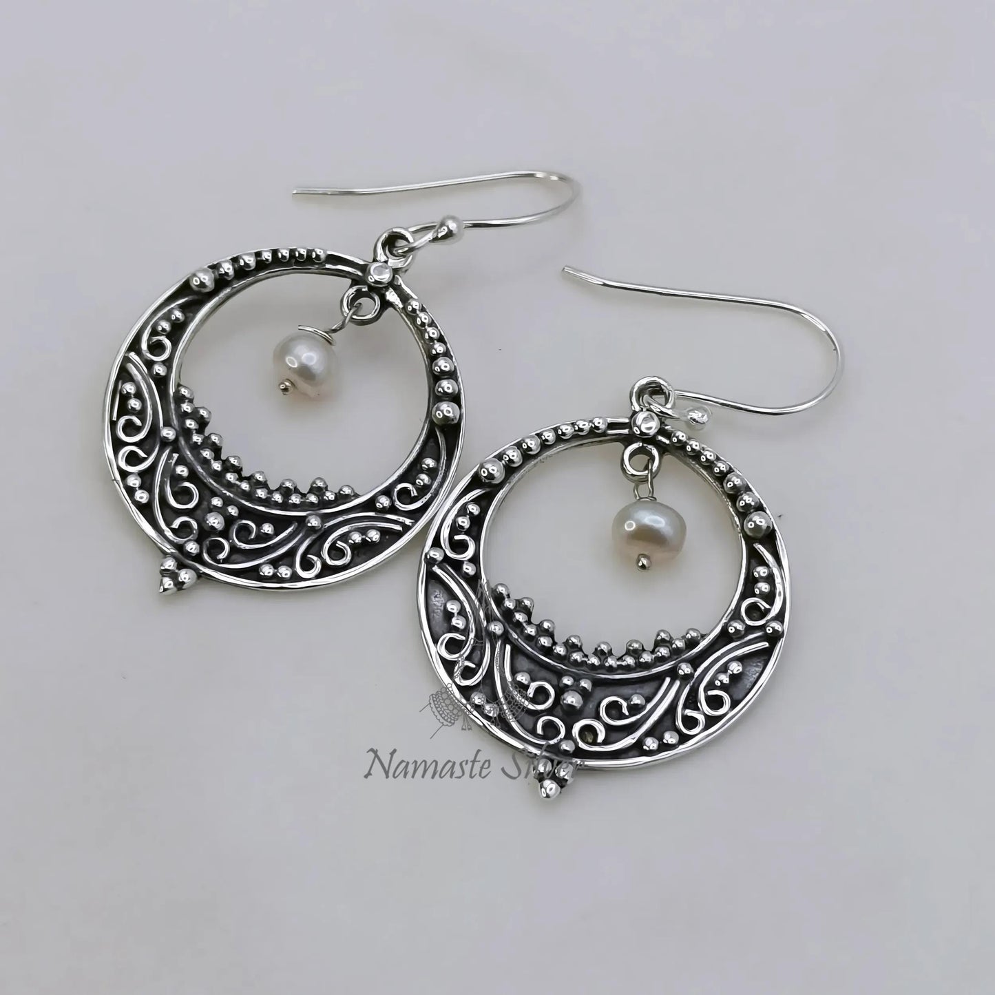 Pearl chandelier earrings, 925 Sterling Silver Dangle Earrings, Handmade Chandbali Earrings, Elegant Gift for Her, Crescent Moon Earrings