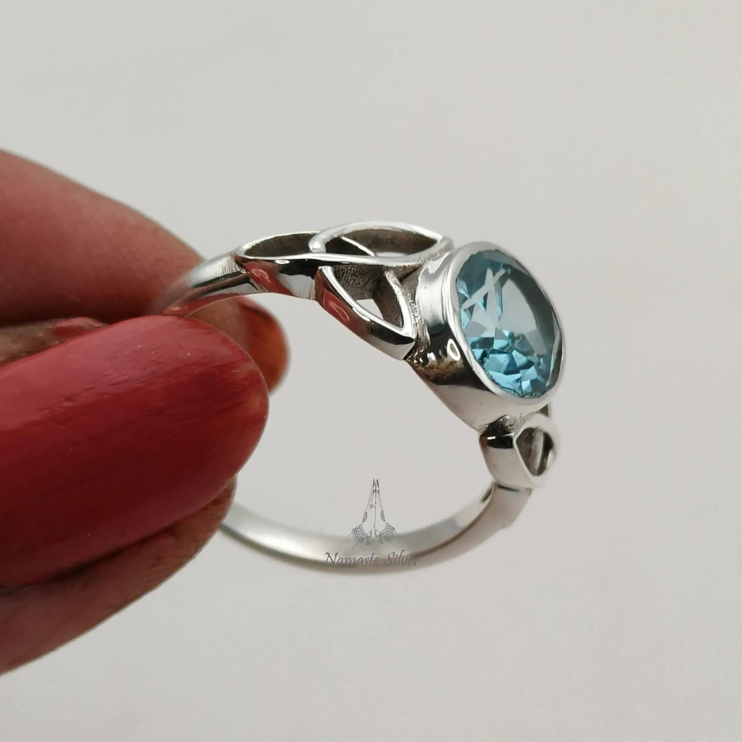 Blue Topaz Ring, 925 Sterling Silver Celtic Knot Ring, Natural Blue Topaz Oval Gemstone Handmade Jewelry, December Birthstone, Gift for Her