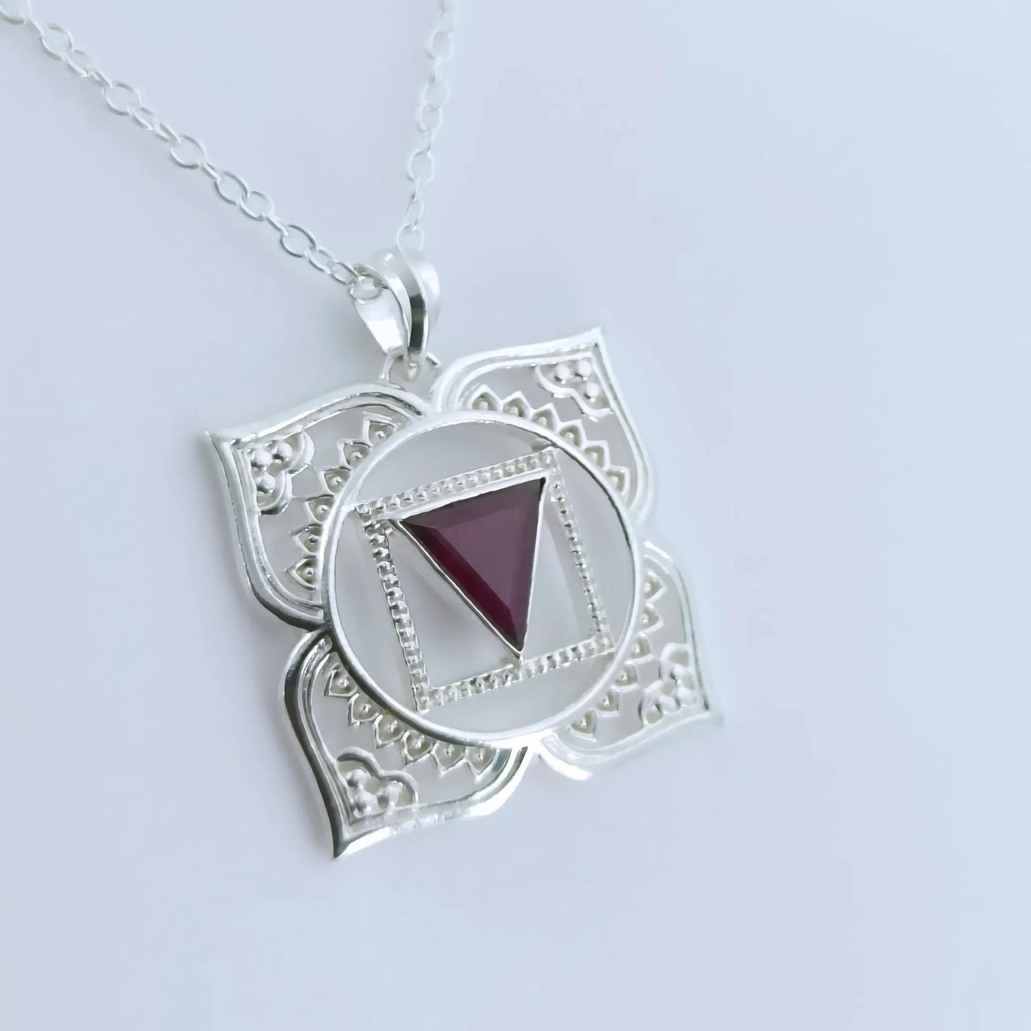 Root Chakra Necklace, 925 Sterling Silver Muladhara Chakra Pendant, Natural Ruby Gemstone Handmade Jewelry, Spiritual Healing Gift for Her