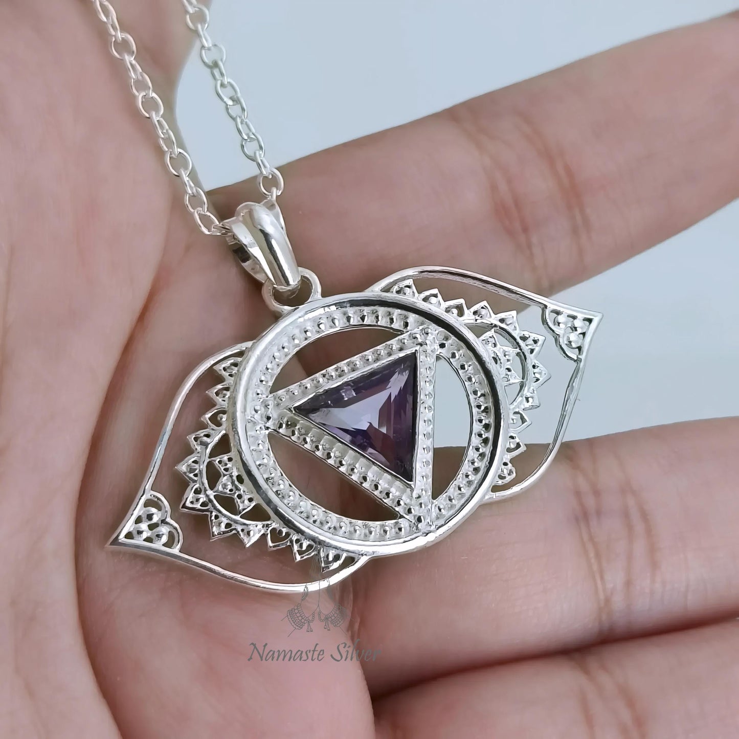 Third Eye Chakra Necklace, Sterling Silver Ajna Chakra Pendant, Natural Amethyst Gemstone Handmade Jewelry, Spiritual Healing Gift for Her