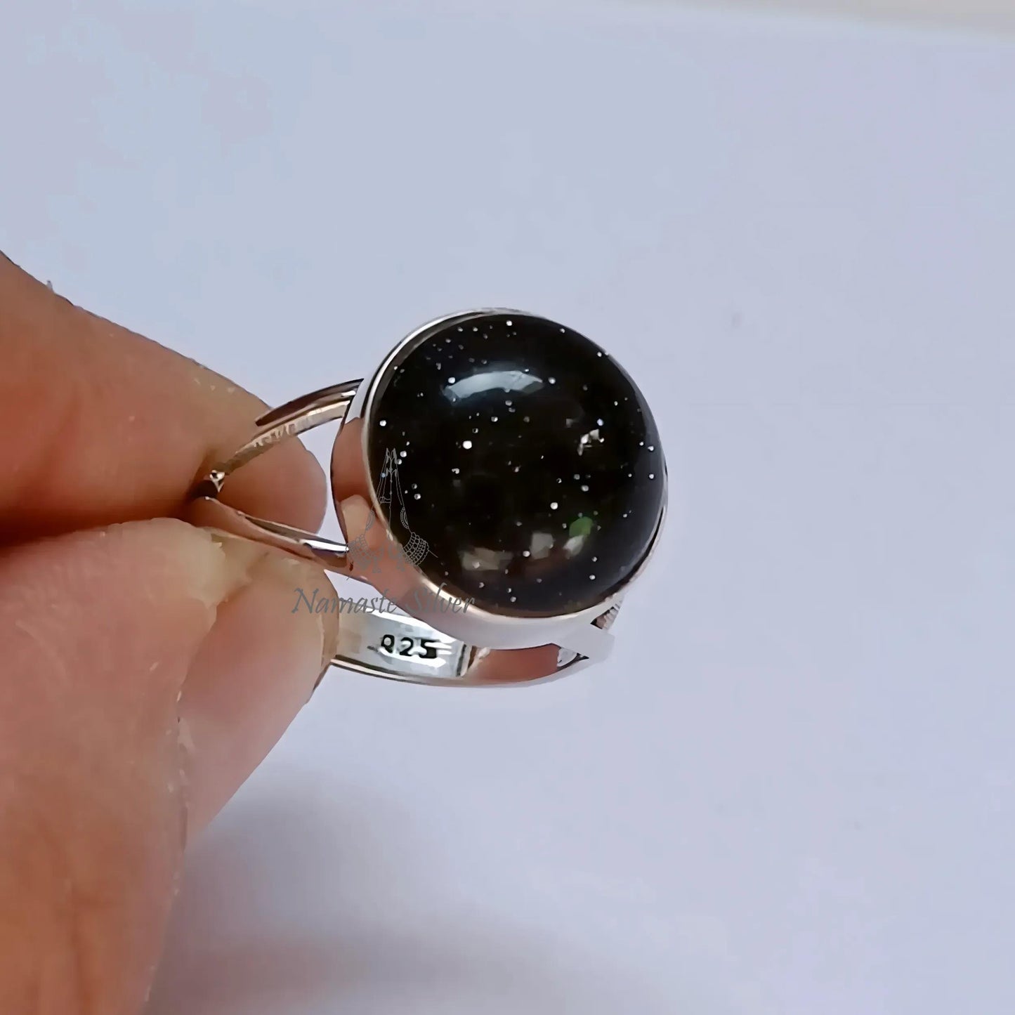 Blue Sunstone Ring, 925 Sterling Silver Statement Promise Ring for Women, Natural Blue Sun stone Round Handmade Jewelry, Unique Gift For Her