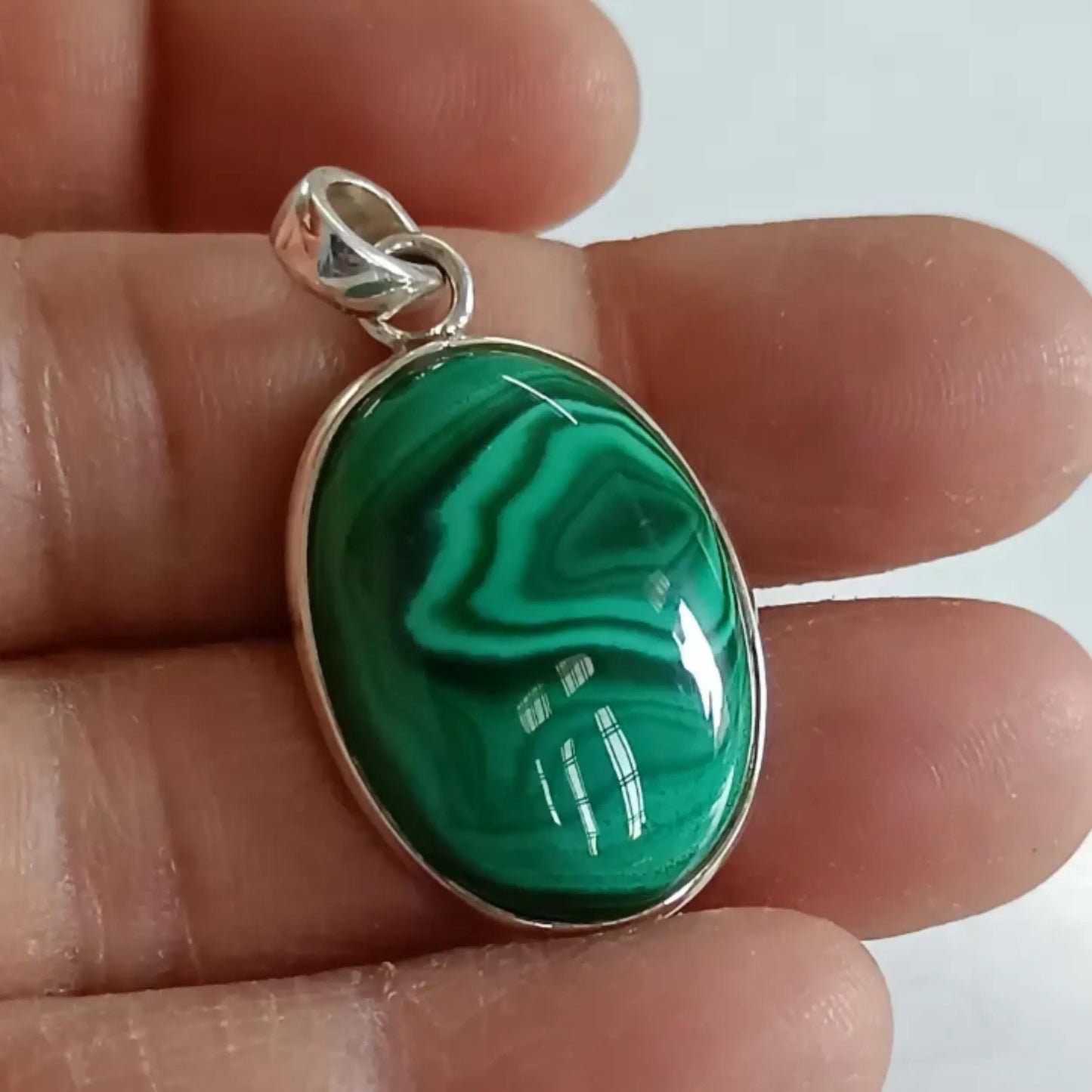 Malachite Pendant, 925 Sterling Silver Pendant, Natural Green Malachite Oval Gemstone Handmade Boho Jewelry, Unique Birthstone Gift For Her