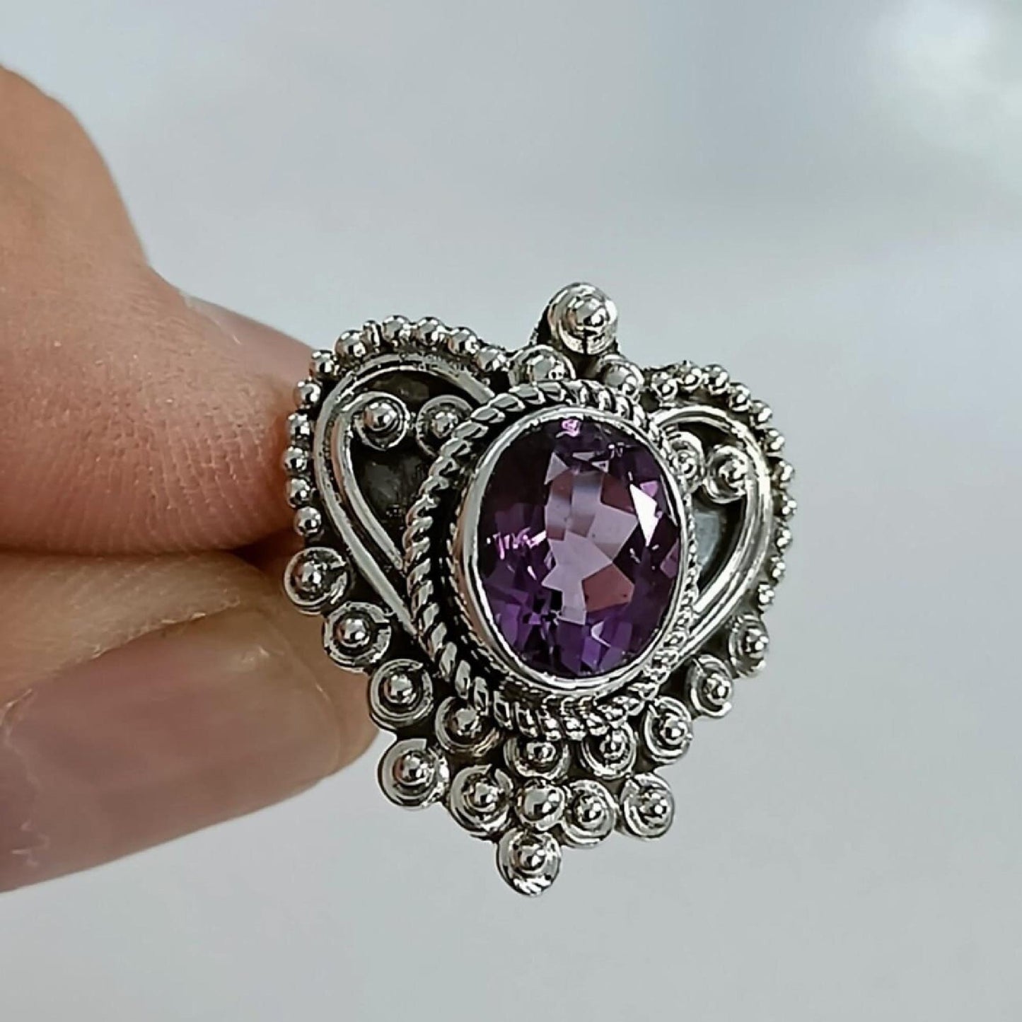 Amethyst Ring, 925 Sterling Silver Heart Shape Ring, Handmade Natural Purple Gemstone Oval Boho Jewelry, February Birthstone, Gift for Her