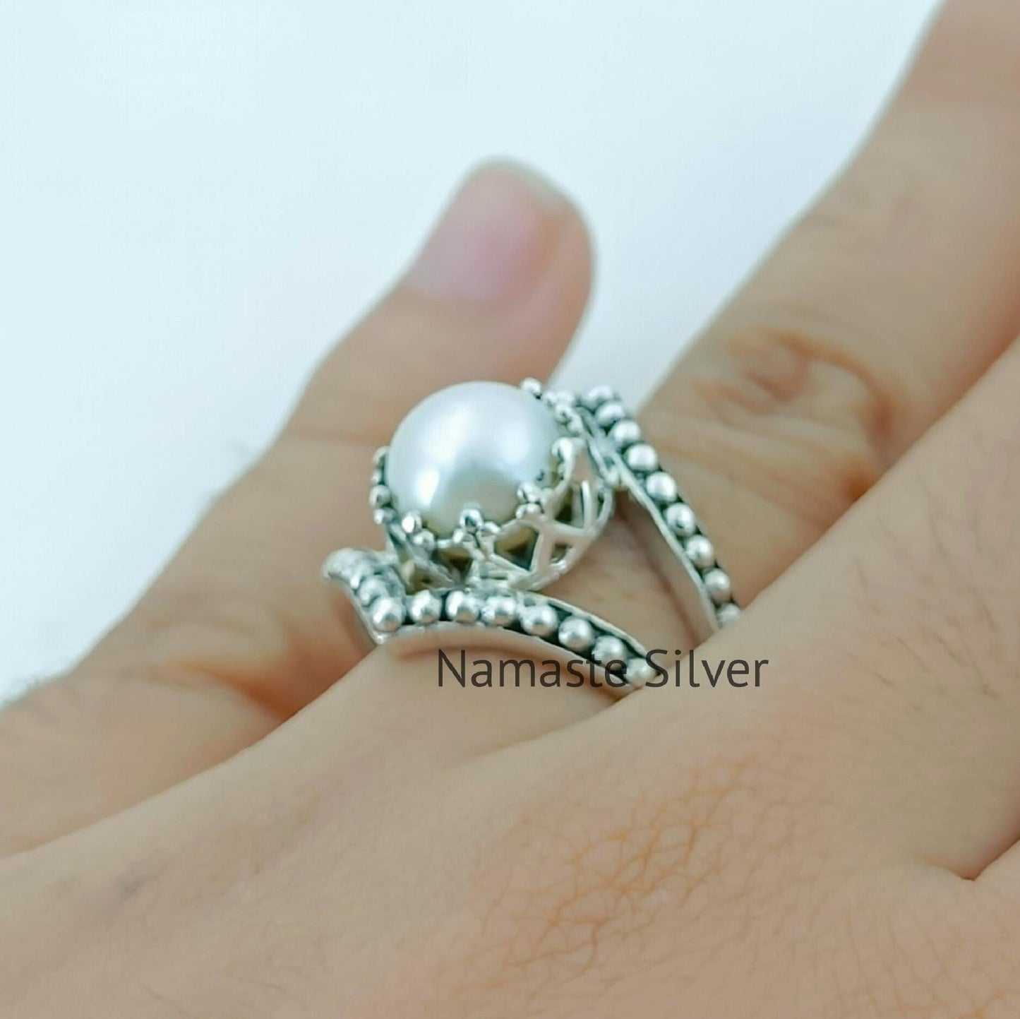 Pearl Ring, 925 Sterling Silver Statement Promise Ring for Women, Freshwater Pearl Handmade Boho Jewelry, June Birthstone Ring, Gift for her