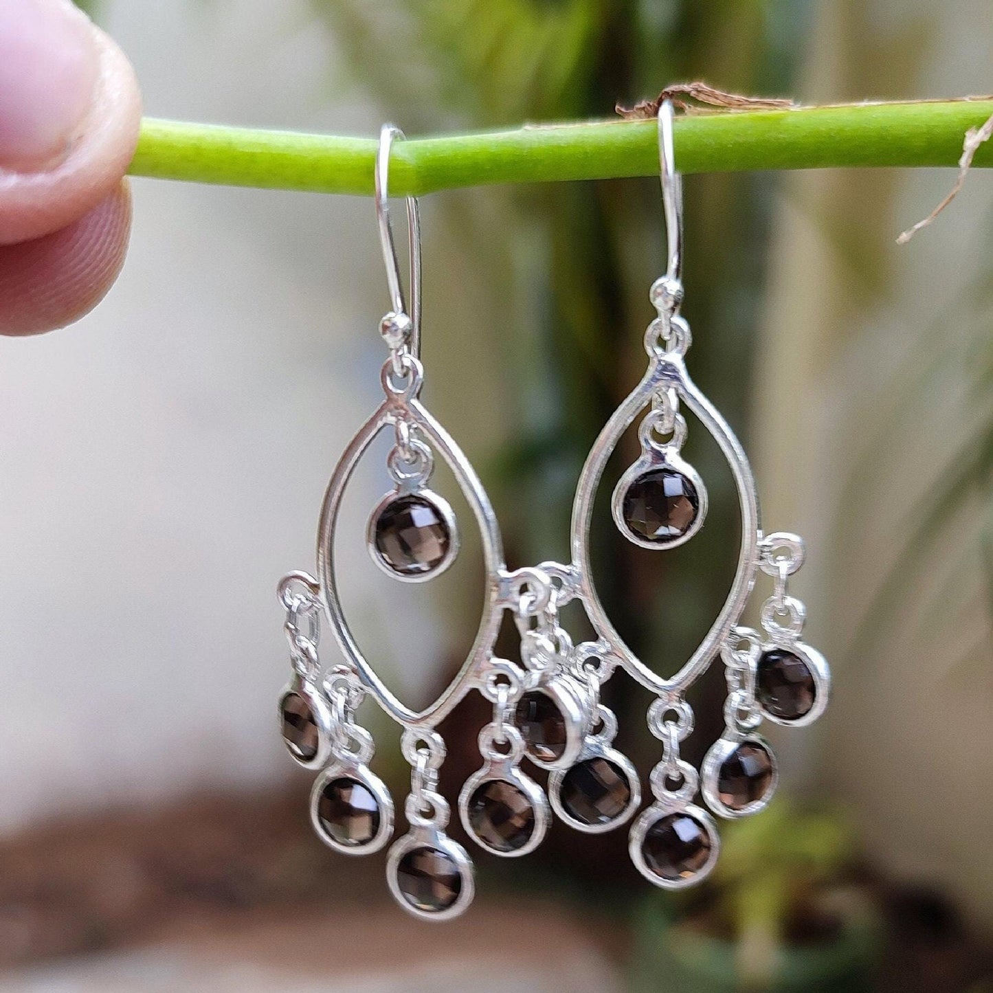 Smoky Quartz Earrings, 925 Sterling Silver Handmade Dangle Earrings, Natural Smoky Quartz Round Briolette Gemstone Jewelry, Gift for Her