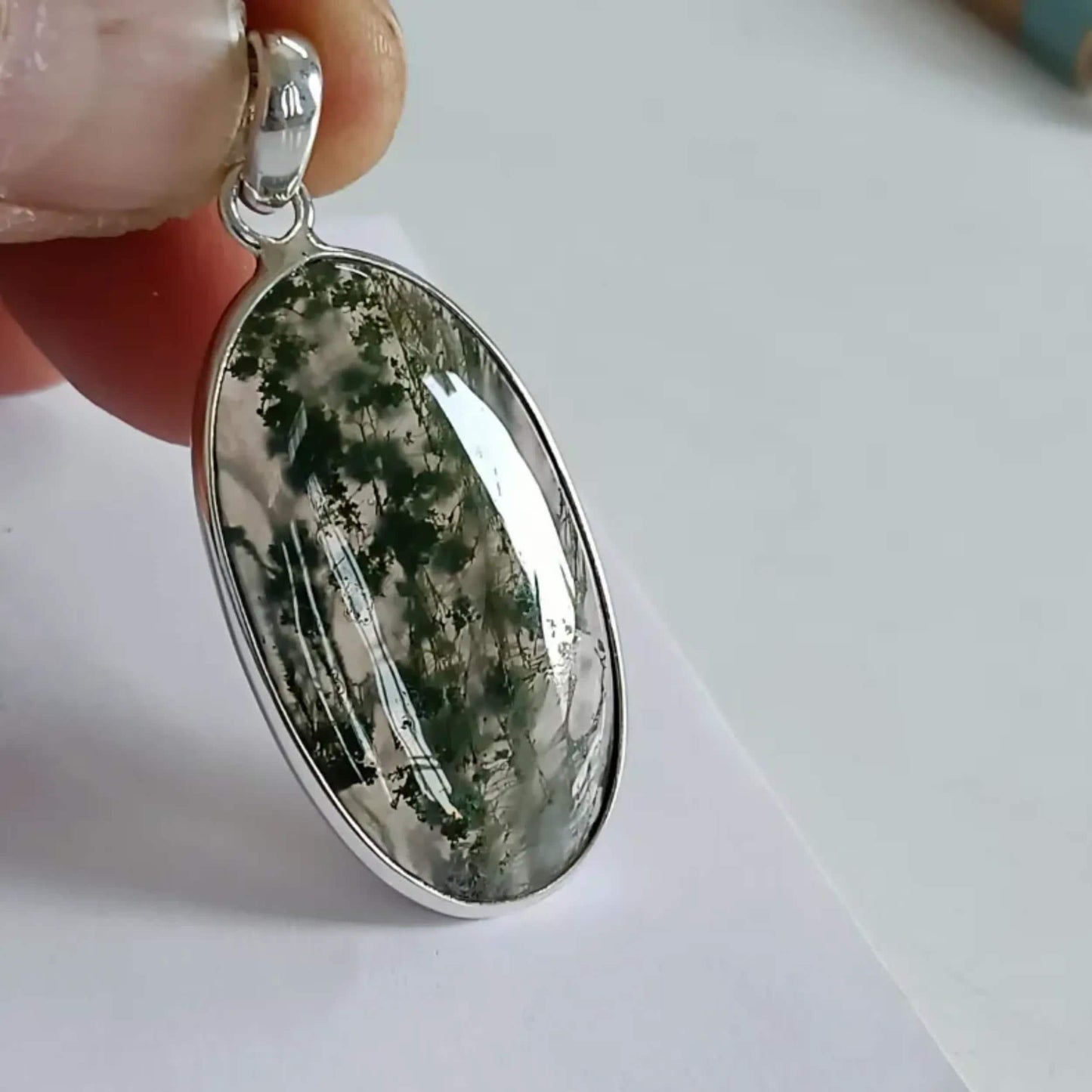 Moss Agate Pendant, 925 Sterling Silver Agate necklace Locket, Natural Moss Agate Big Oval Handmade Gemstone Jewelry, Unique Gift For Her