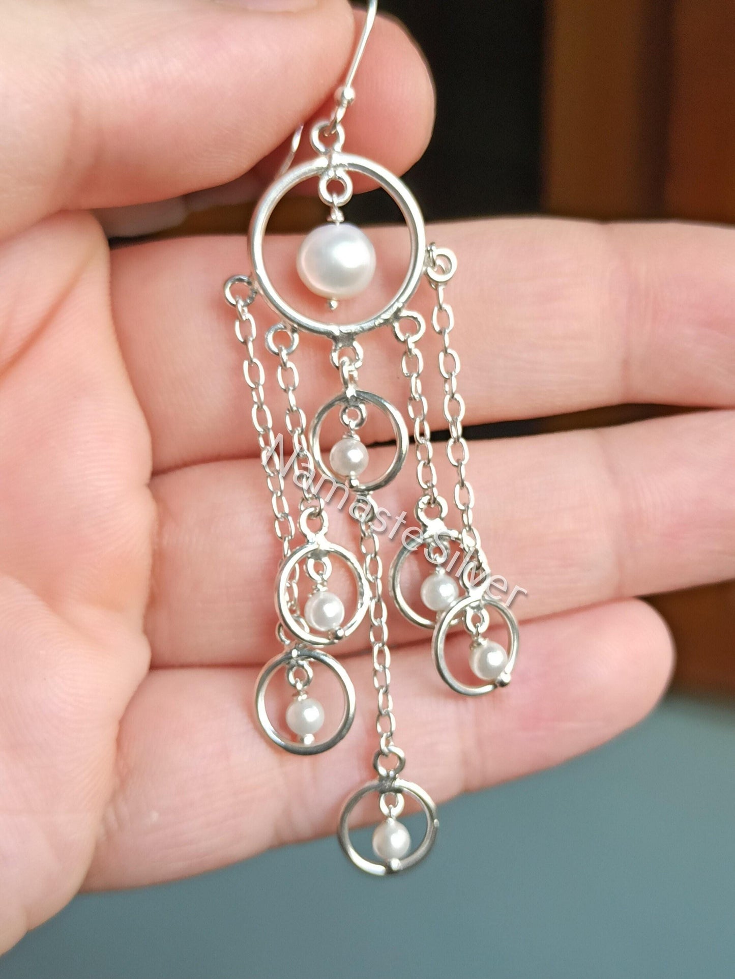 Pearl Earrings, 925 Sterling Silver Dangle Drop Handmade Boho Jewelry, Freshwater Pearl Chandelier Earrings, June Birthstone, Gift For Her