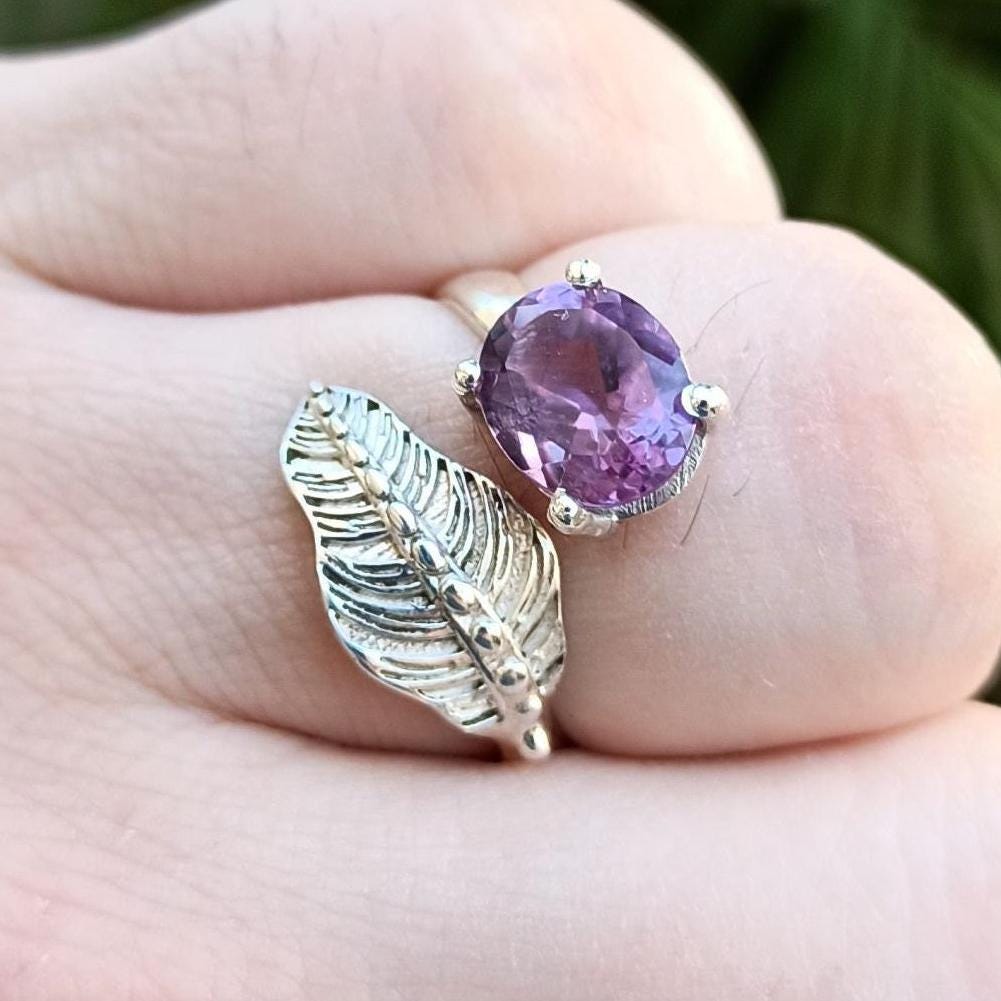 Natural Amethyst Ring, 925 Sterling Silver Promise Adjustable Leaf Ring, Purple Oval Gemstone Handmade Jewelry, February Birthstone Gift