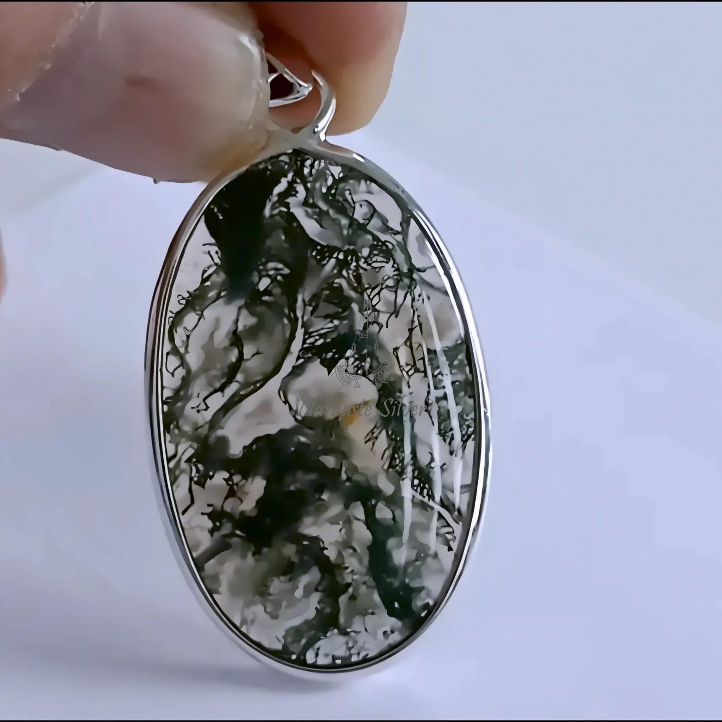 Moss Agate Pendant, 925 Sterling Silver Agate Locket, Natural Moss Agate Oval Handmade Large Gemstone Jewelry, Unique Gift For Her necklace