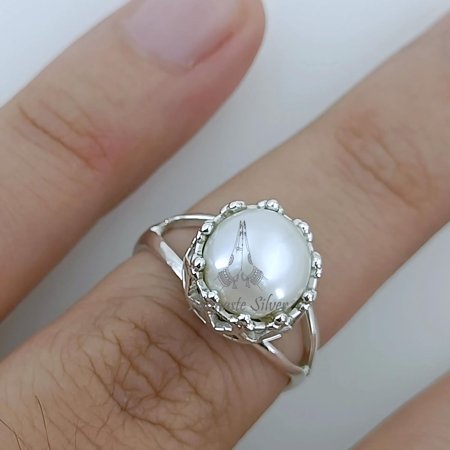 Pearl Ring, 925 Sterling Silver Statement Promise Ring for Women, Freshwater White Pearl Handmade Boho Jewelry, June Birthstone Gift for Her