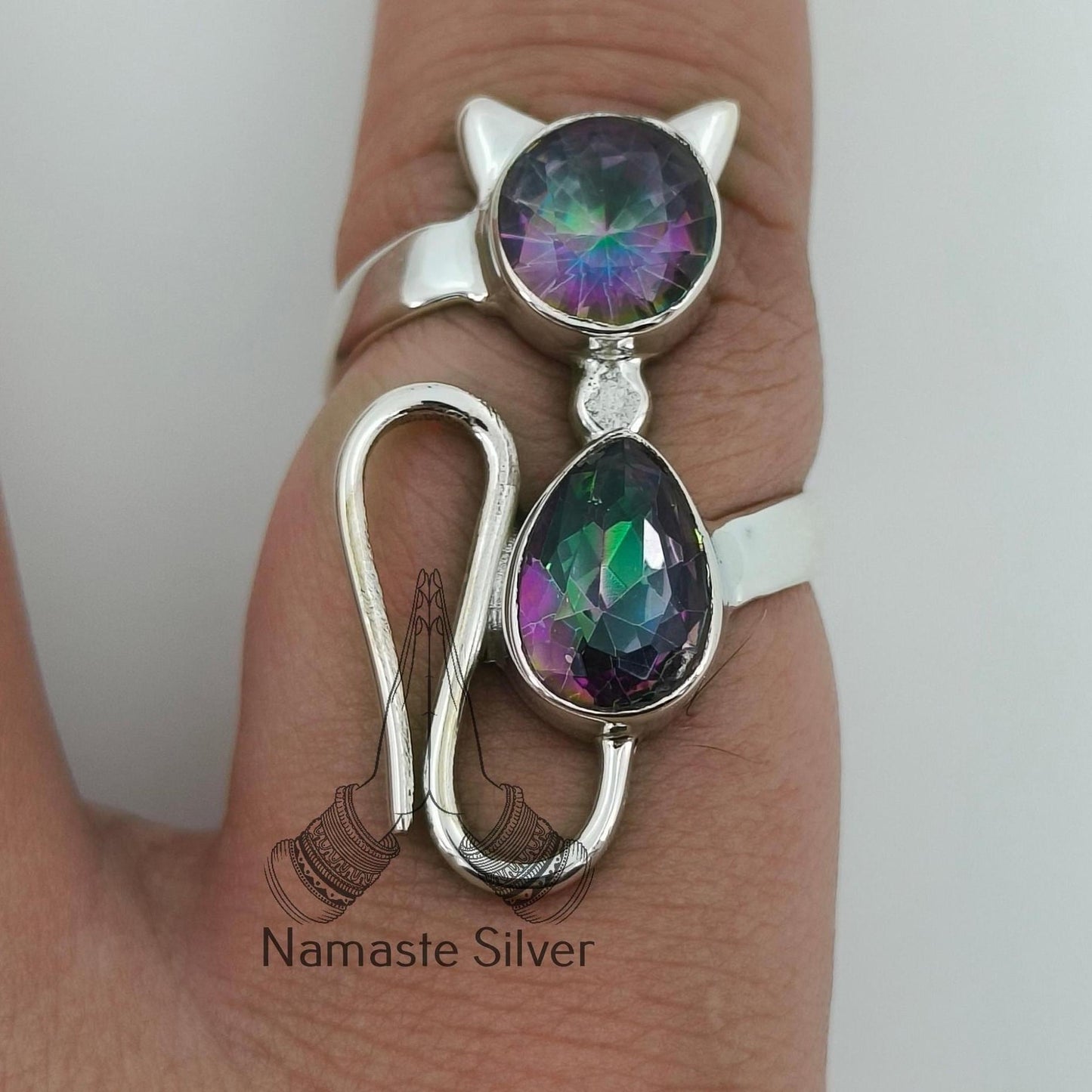 Aurora Mystic Topaz Ring, 925 Sterling Silver Promise Ring, Mystique Topaz Dual Gemstone Handmade Cat Jewelry, November Birthstone Gift