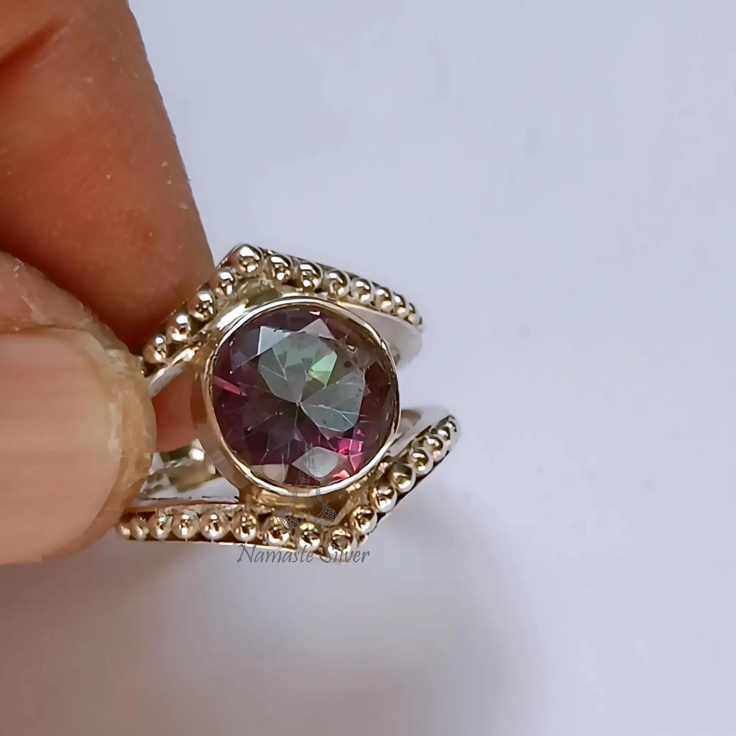 Aurora Mystic Topaz Ring, 925 Sterling Silver Statement Promise Ring, Mystic Topaz Round Gemstone Handmade Jewelry, November Birthstone Gift