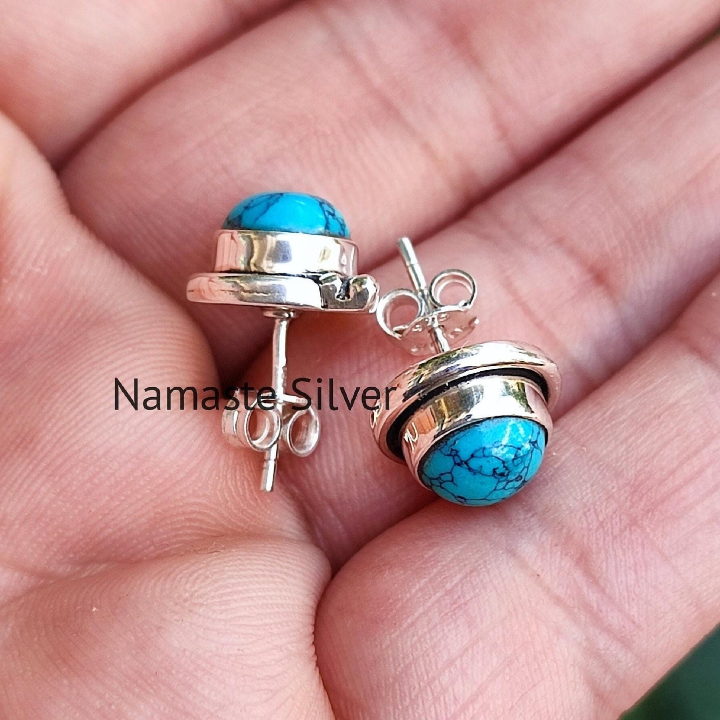 Turquoise Earrings, 925 Sterling Silver Stud Posts, December Birthstone, Natural Turquoise Round Gemstone Handmade Jewelry, Gift For Her