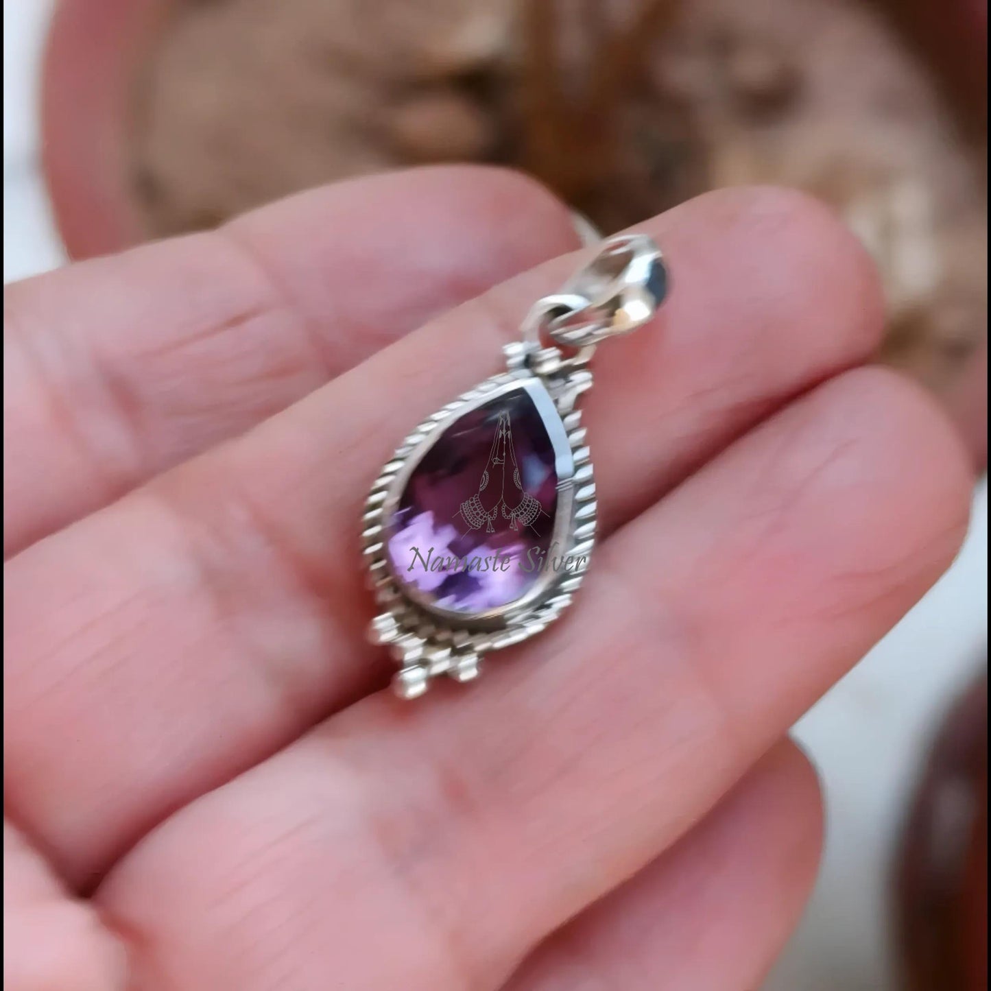 Amethyst Pendant, 925 Sterling Silver Locket for Necklace, Natural Purple Amethyst Pear Shape Gemstone Handmade Jewelry, February Birthstone