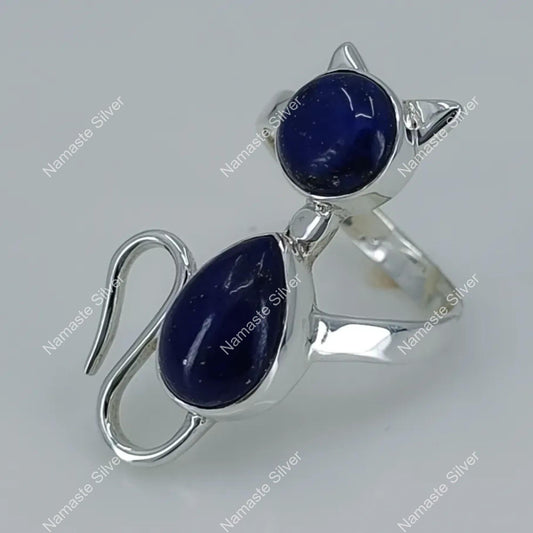 Lapis Lazuli Ring, 925 Sterling Silver Promise Ring, Natural Blue Lapis Gemstone Handmade Cat Jewelry, September Birthstone, Gift for Her