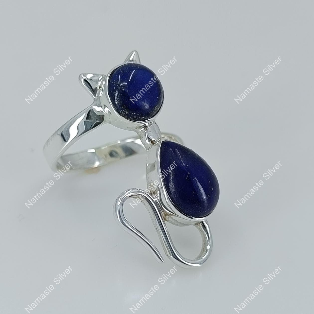 Lapis Lazuli Ring, 925 Sterling Silver Promise Ring, Natural Blue Lapis Gemstone Handmade Cat Jewelry, September Birthstone, Gift for Her