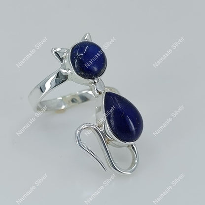Lapis Lazuli Ring, 925 Sterling Silver Promise Ring, Natural Blue Lapis Gemstone Handmade Cat Jewelry, September Birthstone, Gift for Her