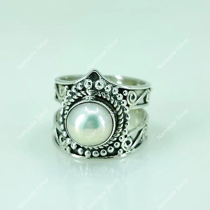 Pearl Ring, 925 Sterling Silver Statement Promise Ring for Women, Freshwater Pearl Handmade Jewelry, June Birthstone, Elegant Gift For Her