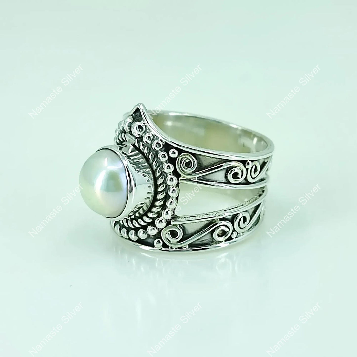 Pearl Ring, 925 Sterling Silver Statement Promise Ring for Women, Freshwater Pearl Handmade Jewelry, June Birthstone, Elegant Gift For Her