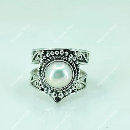 Pearl Ring, 925 Sterling Silver Statement Promise Ring for Women, Freshwater Pearl Handmade Jewelry, June Birthstone, Elegant Gift For Her