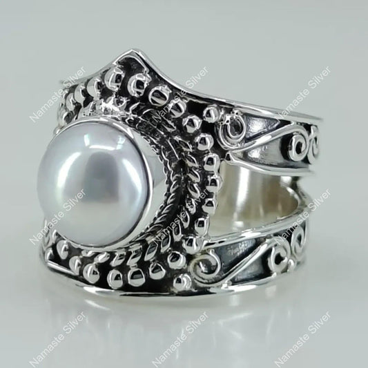 Pearl Ring, 925 Sterling Silver Statement Promise Ring for Women, Freshwater Pearl Handmade Jewelry, June Birthstone, Elegant Gift For Her