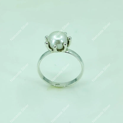 Pearl Ring, 925 Sterling Silver Statement Promise Ring, Freshwater Pearl Handmade Boho Jewelry, June Birthstone. Gift for Her Birthday