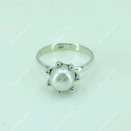 Pearl Ring, 925 Sterling Silver Statement Promise Ring, Freshwater Pearl Handmade Boho Jewelry, June Birthstone. Gift for Her Birthday