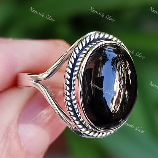 Black Onyx Ring, Handmade 925 Sterling Silver Statement Promise Ring, Natural Black Gemstone Oval Jewelry, July Birthstone, Gift for Her