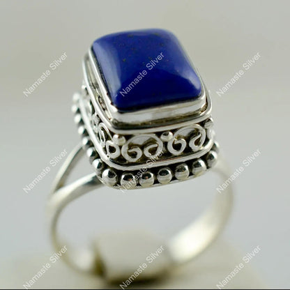 Lapis Lazuli Ring, 925 Sterling Silver Handmade Promise Ring, Natural Blue Gemstone Cushion Jewelry, September Birthstone, Boho Gift For Her