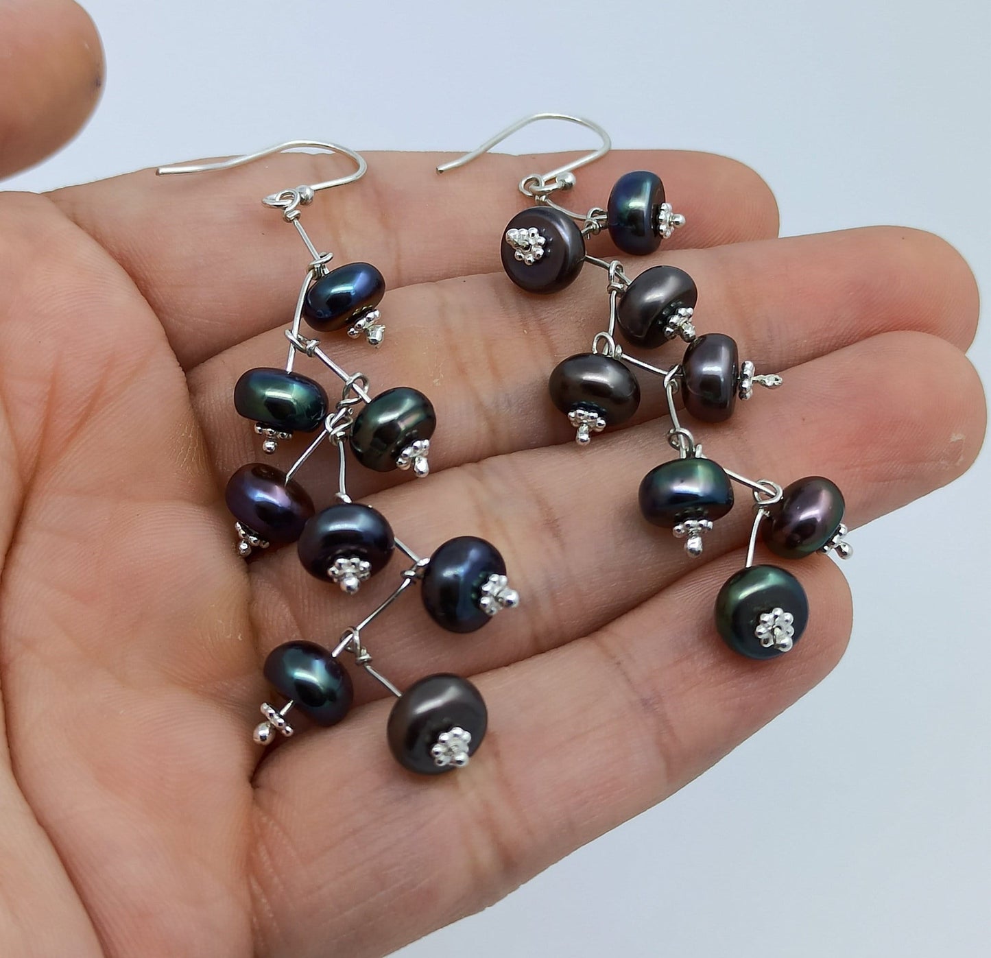 Pearl Earrings, 925 Sterling Silver Dangle Earrings, Freshwater Peacock Black Pearl Handmade Boho Jewelry, June Birthstone Gift for Her