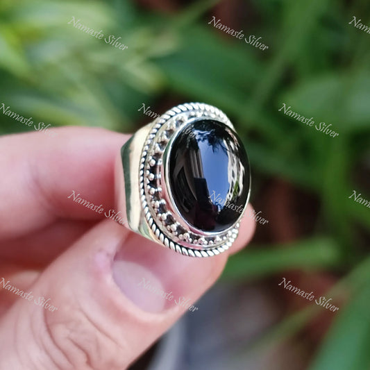 Black Onyx Ring, 925 Sterling Silver Statement Ring, Natural Black Gemstone Oval Handmade Cocktail Jewelry, July Birthstone. Gift for her