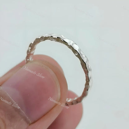 Hammered Silver Ring, 925 Sterling Silver Dainty Ring Band, 2.0 mm Handmade Stackable Minimalist Promise Jewelry, Unique Gift for Her, Him