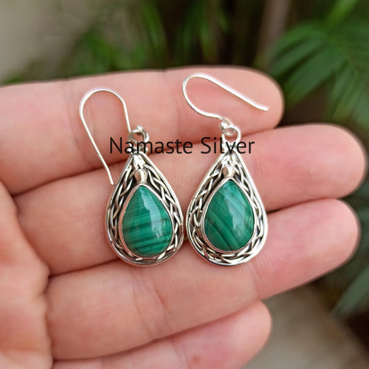 Malachite Earrings, 925 Sterling Silver Dangle Earrings, Gift for Her, Natural Malachite Pear Shape Gemstone Boho Jewelry, April Birthstone