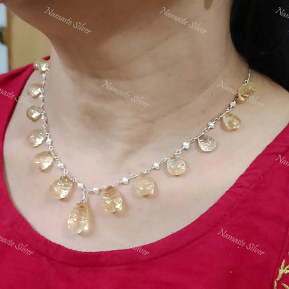 Citrine and Pearl Necklace, 925 Sterling Silver Choker Necklace, Natural Yellow Gemstone Teardrop Carvings and Pearl Beads Handmade Jewelry