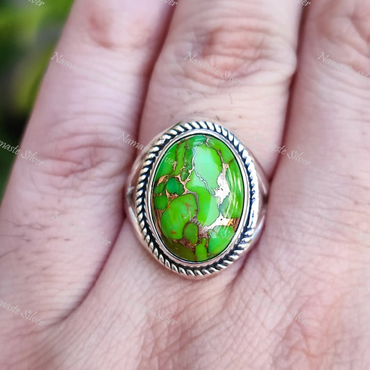 Green Turquoise Ring, 925 Sterling Silver Statement Promise Ring, Green Copper Turquoise Oval Gemstone Handmade Boho Jewelry, Gift for her