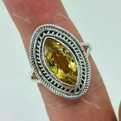 Citrine Ring, 925 Sterling Silver Promise Ring, Natural Yellow Gemstone Marquise Handmade Boho Jewelry, November Birthstone, Gift for Her
