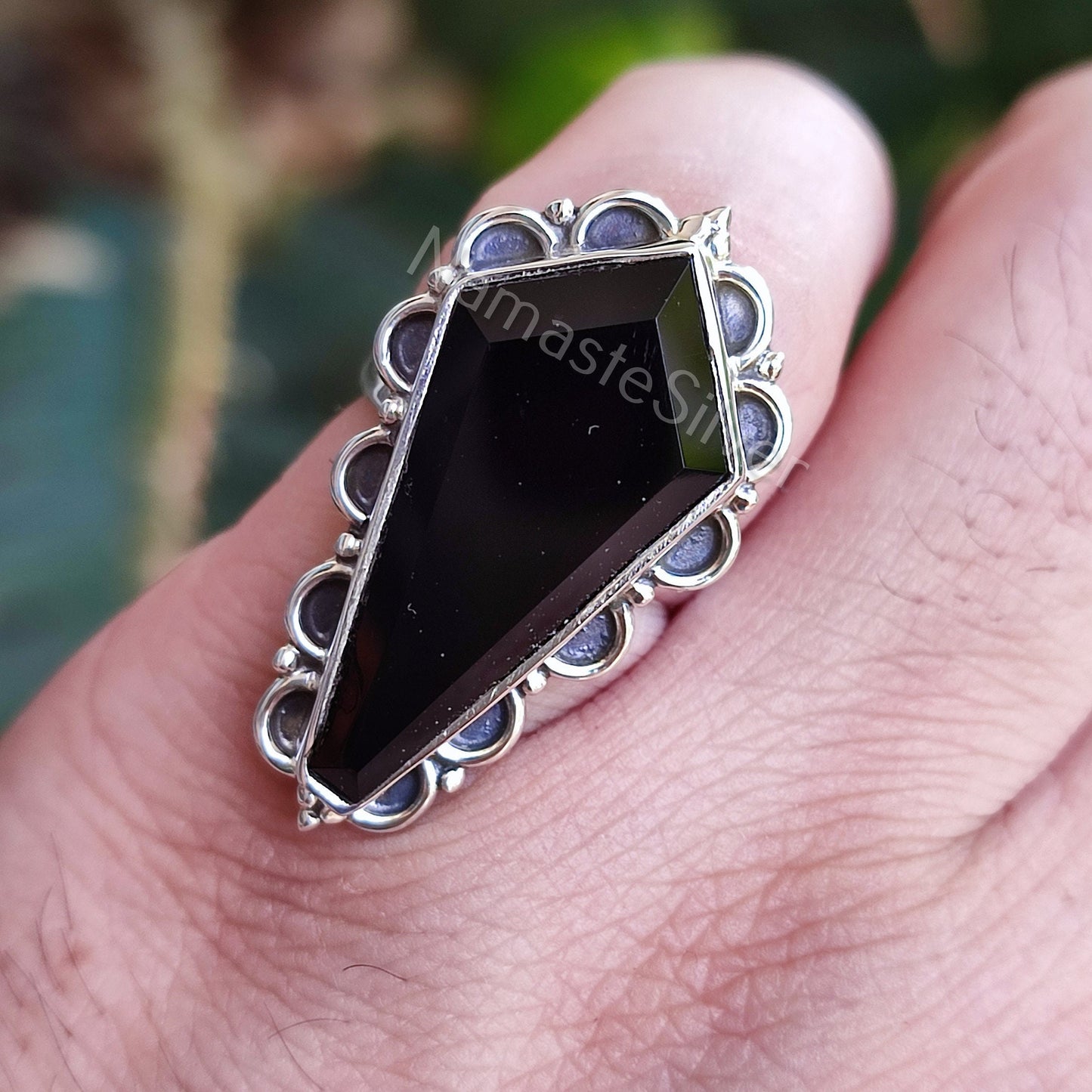 Black Onyx Coffin Ring, 925 Sterling Silver Handmade Gothic Ring, Natural Black Gemstone Coffin Boho Jewelry, Halloween Witch Gift For Her