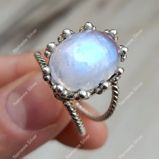 Moonstone Ring, 925 Sterling Silver Statement Promise Ring, Natural Rainbow Moonstone Oval Handmade Jewelry, June Birthstone, Gift for Her