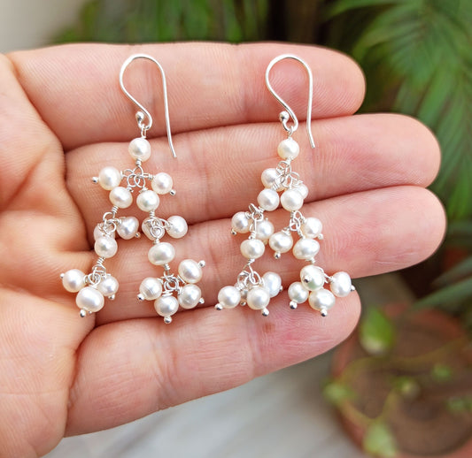 Pearl Earrings, 925 Sterling Silver Dangle Drop Earrings, Handmade Freshwater Pearl Beads Jewelry, June Birthstone, Unique Gift for her