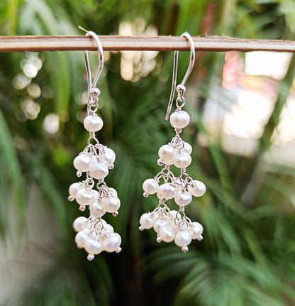 Pearl Earrings, 925 Sterling Silver Dangle Drop Earrings, Handmade Freshwater Pearl Beads Jewelry, June Birthstone, Unique Gift for her