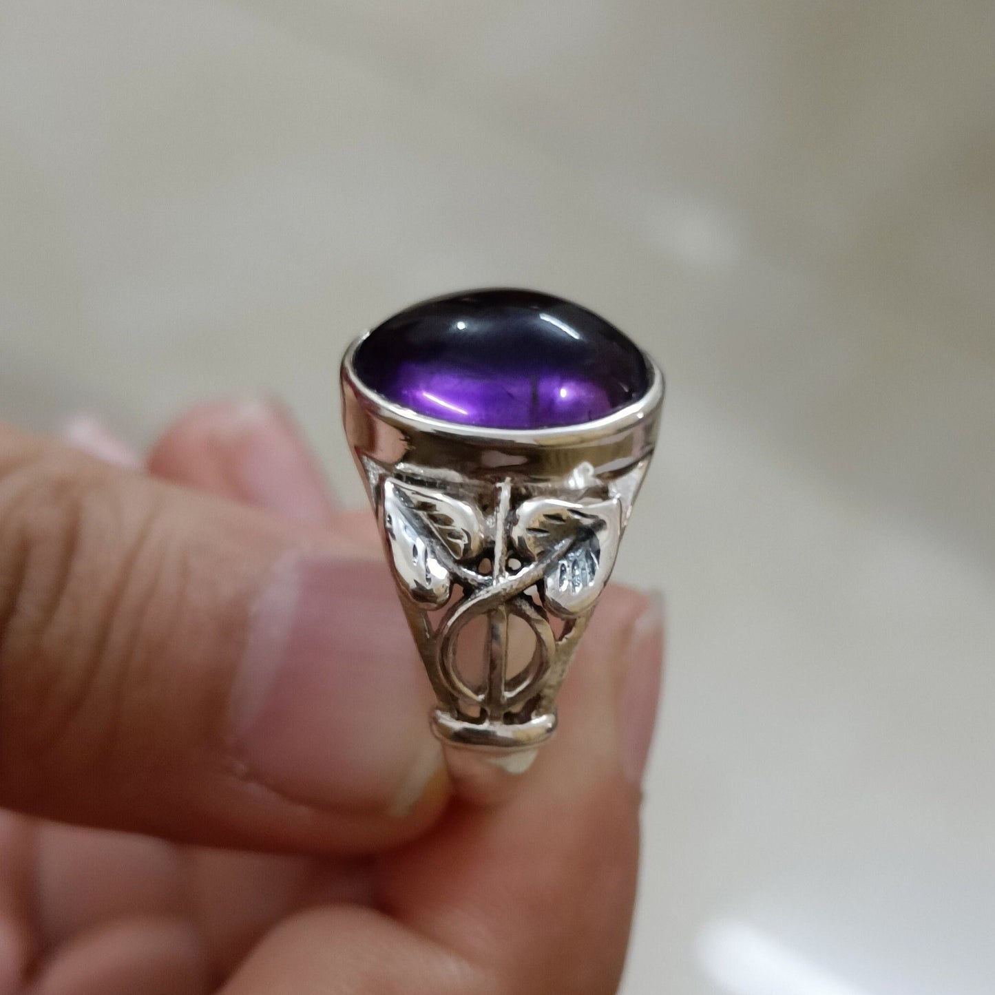 Amethyst Ring, 925 Sterling Silver Handmade Statement Leaf Ring, Natural Purple Gemstone Oval Boho Jewelry, February Birthstone Gift for her
