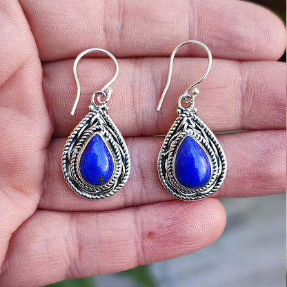 Lapis Lazuli Earrings, 925 Sterling Silver Dangle Drop Earrings, Natural Blue Gemstone PearShape Jewelry, September Birthstone, Gift for Her